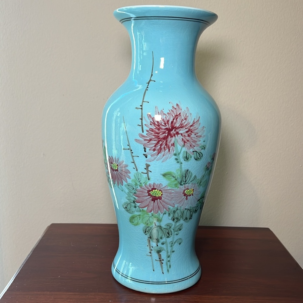 11.5” Vintage Asian oriental style blue Handpainted floral large porcelain vase